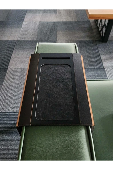 ARKITEKT EX Telefon Tutuculu Ahşap Katlanır Portatif  Organizer Yan Sehpa Kaydırmaz Deri Yüzeyli - 2