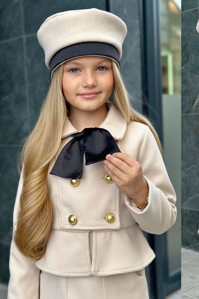 Kız Çocuk Asimetrik Kesim ve Düğme Detaylı Ceket Eteği Fırfır Detaylı Krem Kaşe Etekli Takım - 12