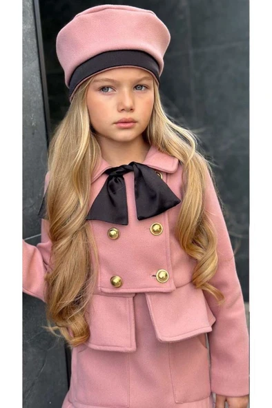 Kız Çocuk Asimetrik Kesim ve Düğme Detaylı Ceket Eteği Fırfır Detaylı Pudra Kaşe Etekli Takım - 5