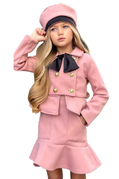 Kız Çocuk Asimetrik Kesim ve Düğme Detaylı Ceket Eteği Fırfır Detaylı Pudra Kaşe Etekli Takım - 7