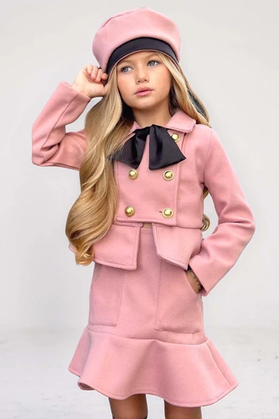 Kız Çocuk Asimetrik Kesim ve Düğme Detaylı Ceket Eteği Fırfır Detaylı Pudra Kaşe Etekli Takım - 10
