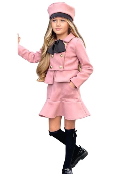 Kız Çocuk Asimetrik Kesim ve Düğme Detaylı Ceket Eteği Fırfır Detaylı Pudra Kaşe Etekli Takım - 6