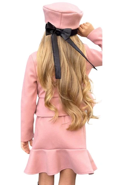 Kız Çocuk Asimetrik Kesim ve Düğme Detaylı Ceket Eteği Fırfır Detaylı Pudra Kaşe Etekli Takım - 8