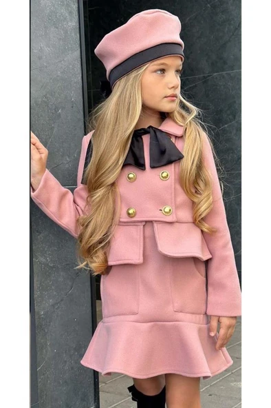 Kız Çocuk Asimetrik Kesim ve Düğme Detaylı Ceket Eteği Fırfır Detaylı Pudra Kaşe Etekli Takım - 3