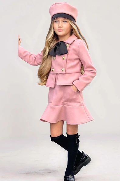 Kız Çocuk Asimetrik Kesim ve Düğme Detaylı Ceket Eteği Fırfır Detaylı Pudra Kaşe Etekli Takım - 9