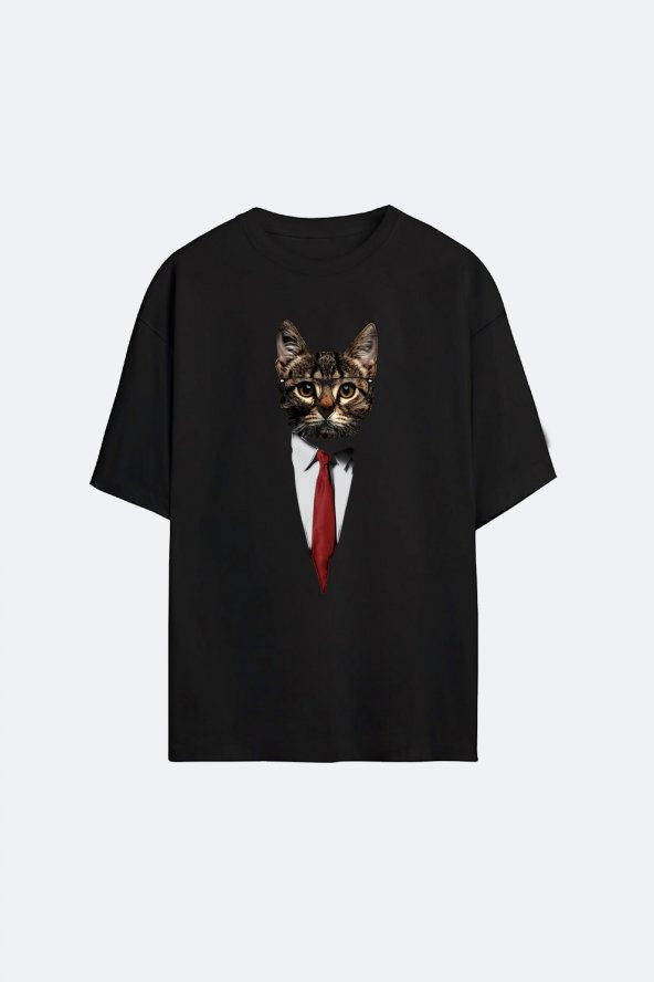 Diadof AYYA Unisex Oversize Siyah Kravatli Kedi T-Shirt - 3