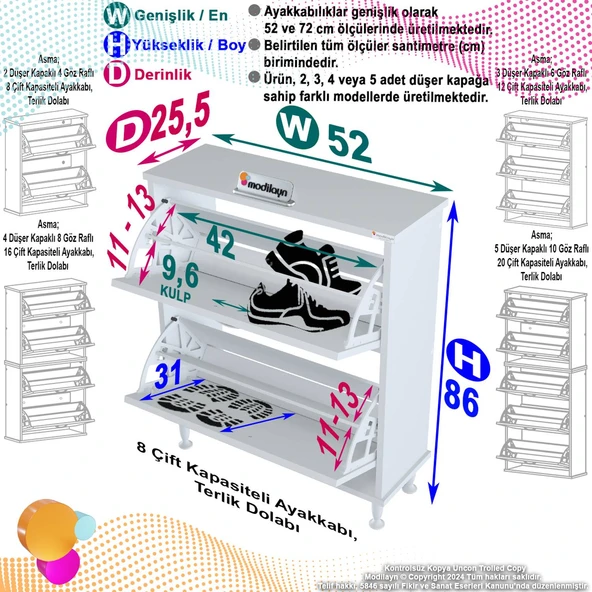 Modilayn UMAY Antre Hol 72 x 90 x 25,5 cm’ lik 2 Düşer Kapak 4 Göz Raf Bölmeli Ayakkabılık - 10