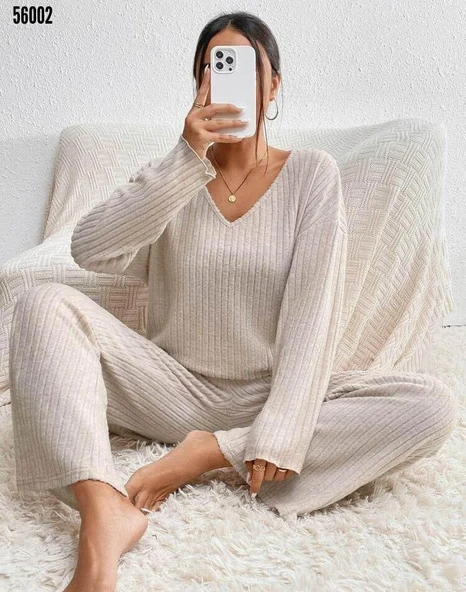 ESM Noche - Fitilli Kaşkorse  Kadın Pijama Takımı - Alt Üst Pijama Takımı Siyah - 7