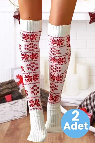 Kadın Yeni Yıl Temalı Kar Tanesi Desenli Diz Üstü Çorap 2'li Set