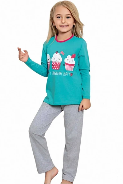 Kız Çocuk Pamuklu Uzun Kollu Desenli Pijama Takımı - 5