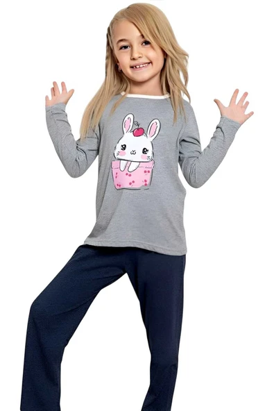 Kız Çocuk Pamuklu Uzun Kollu Desenli Pijama Takımı - 2