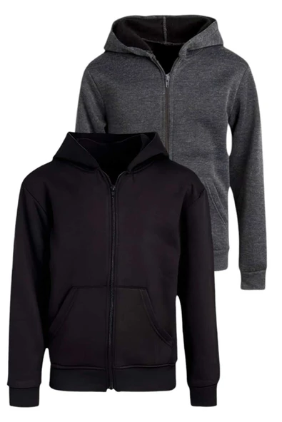 Çocuk Unisex Pamuklu Kapüşonlu Fermuarlı Sweatshirt 2'li Set - 6