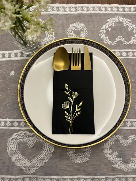 Gold Yaldızlı Siyah Cepli Gelincik Çiçeği Peçete 12 Adet ürün görseli 1