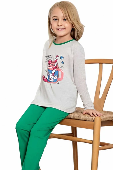 Kız Çocuk Pamuklu Uzun Kollu Desenli Pijama Takımı - 7
