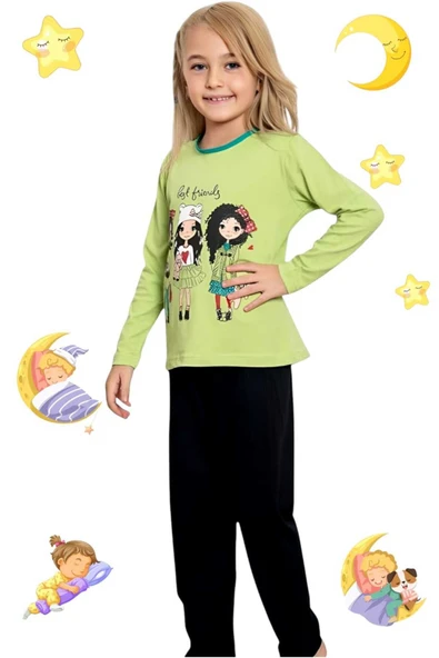 Kız Çocuk Pamuklu Uzun Kollu Desenli Pijama Takımı - 6