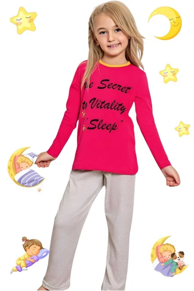Kız Çocuk Pamuklu Uzun Kollu Desenli Pijama Takımı - 6