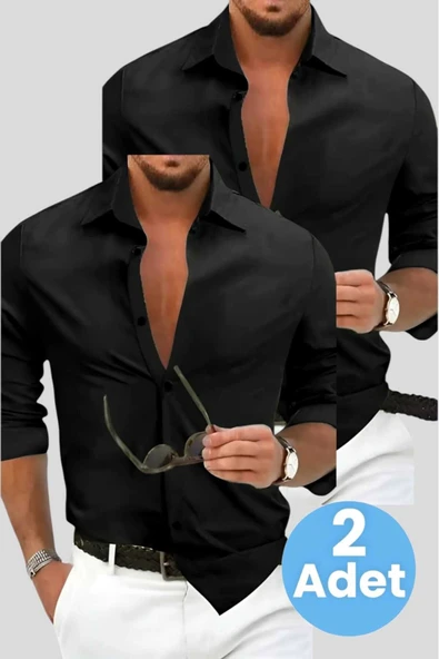 Slim Fit Kravatlık Uzun Kol Kolay Ütü Nefes Alan Dört Mevsim Slim Fit Erkek Gömlek 2'li Set