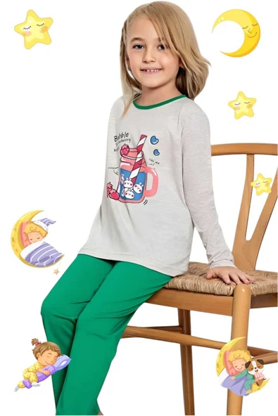 Kız Çocuk Pamuklu Uzun Kollu Desenli Pijama Takımı - 6