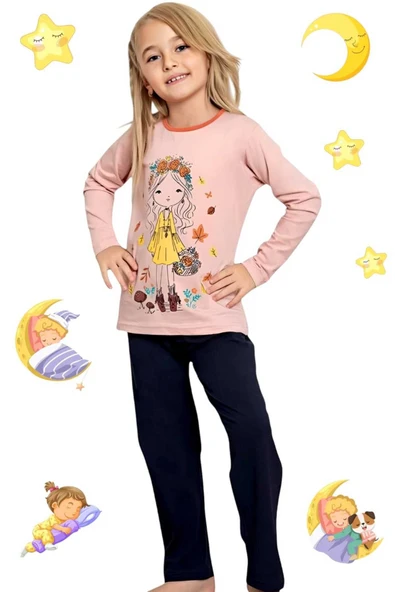 Kız Çocuk Pamuklu Uzun Kollu Desenli Pijama Takımı - 3