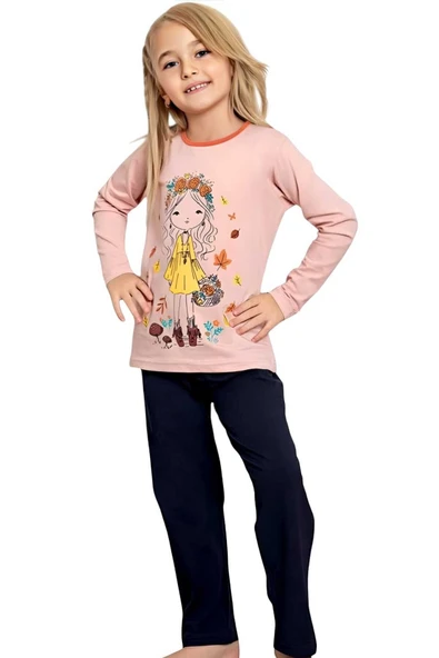 Kız Çocuk Pamuklu Uzun Kollu Desenli Pijama Takımı - 4