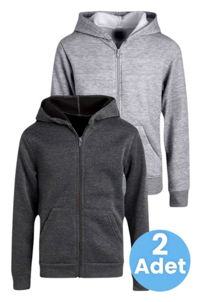 Çocuk Unisex Pamuklu Kapüşonlu Fermuarlı Sweatshirt 2'li Set - 5