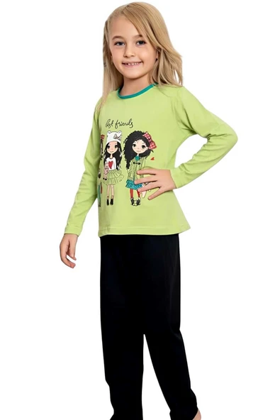 Kız Çocuk Pamuklu Uzun Kollu Desenli Pijama Takımı - 7