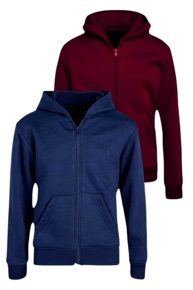 Unisex Pamuklu Kapüşonlu Fermuarlı Sweatshirt 2'li Set - 2