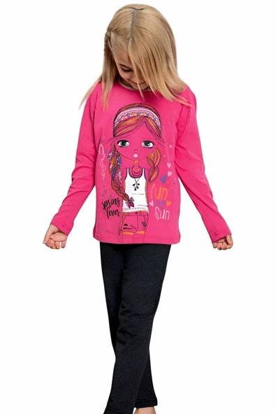 Kız Çocuk Pamuklu Uzun Kollu Desenli Pijama Takımı - 7