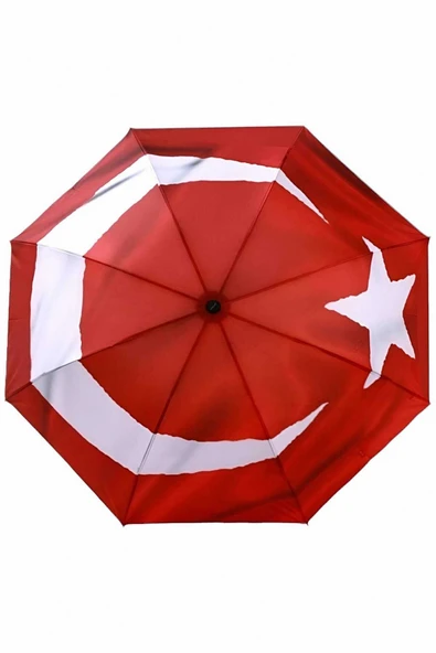Türk Bayrağı Desenli Canlı Lüx Renkli Baskılı Rüzgara Dayanıklı 8 Telli Katlanabilir Manuel Şemsiye