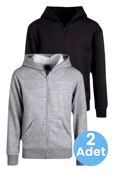 Çocuk Unisex Pamuklu Kapüşonlu Fermuarlı Sweatshirt 2'li Set - 5