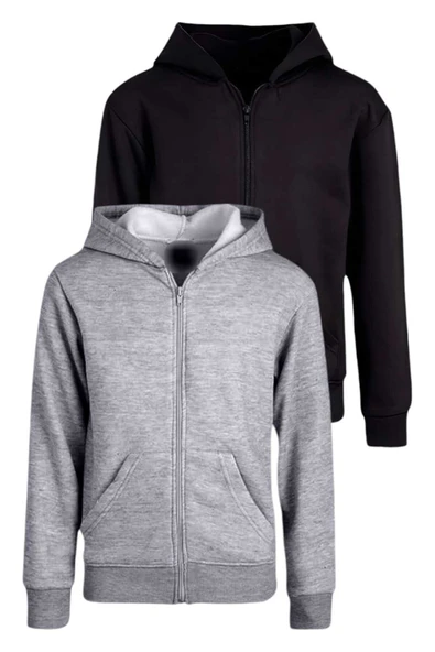 Çocuk Unisex Pamuklu Kapüşonlu Fermuarlı Sweatshirt 2'li Set - 6