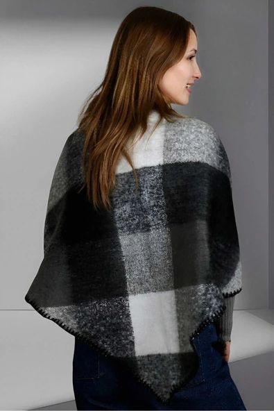 Kadın Yumuşak Dokulu Ekose Desenli Üçgen Omuz Şalı Atkı - Resim 6