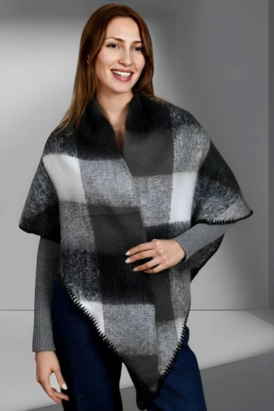 Kadın Yumuşak Dokulu Ekose Desenli Üçgen Omuz Şalı Atkı - Resim 7