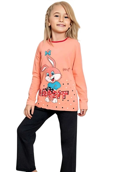 Kız Çocuk Pamuklu Uzun Kollu Desenli Pijama Takımı - 7