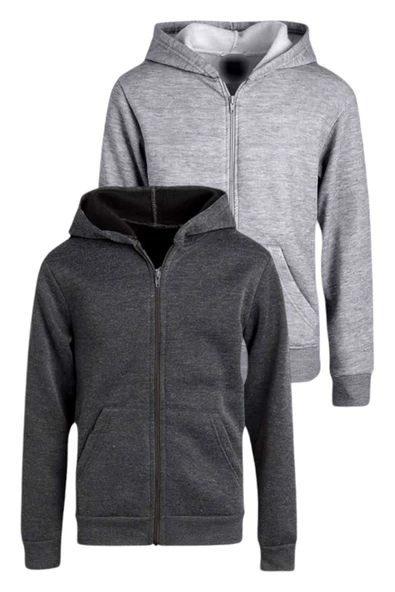 Çocuk Unisex Pamuklu Kapüşonlu Fermuarlı Sweatshirt 2'li Set - 2