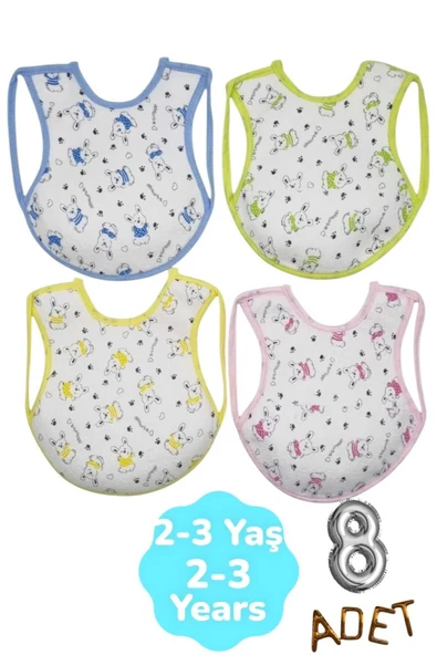 Bebek % 100 Cotton Arkası Muşambalı Su Geçirmez Renkli Mama Önlüğü 8'li Set 2-3 Yaş - 2