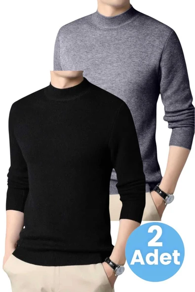 2'li Erkek Tüylenmeyen Yarım Boğazlı Triko Kazak Yarım Balıkçı Triko Kazak - 7