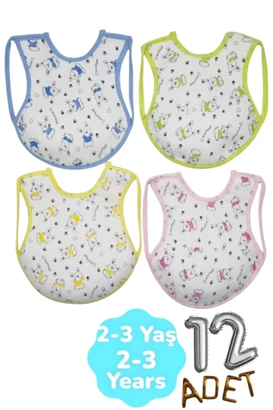 Bebek % 100 Cotton Arkası Muşambalı Su Geçirmez Renkli Mama Önlüğü 12'li Set 2-3 Yaş - 5