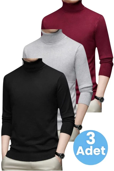 3'lü Erkek Tüylenmeyen Boğazlı Triko Kazak Balıkçı Triko Kazak - 8