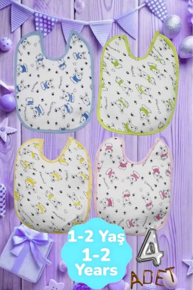 Bebek % 100 Cotton Arkası Muşambalı Su Geçirmez Renkli Mama Önlüğü 4'lü Set 1-2 Yaş - 7