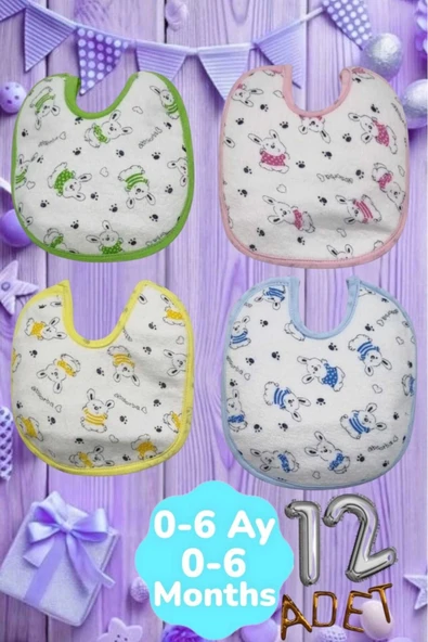 Bebek % 100 Cotton Arkası Muşambalı Su Geçirmez Renkli Mama Önlüğü 12'li Set 0-6 Ay - 7