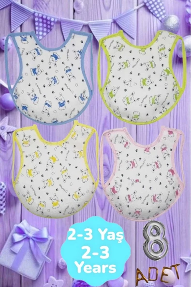 Bebek % 100 Cotton Arkası Muşambalı Su Geçirmez Renkli Mama Önlüğü 8'li Set 2-3 Yaş - 4