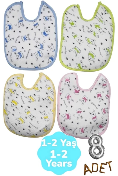 Bebek % 100 Cotton Arkası Muşambalı Su Geçirmez Renkli Mama Önlüğü 8'li Set 1-2 Yaş - 5