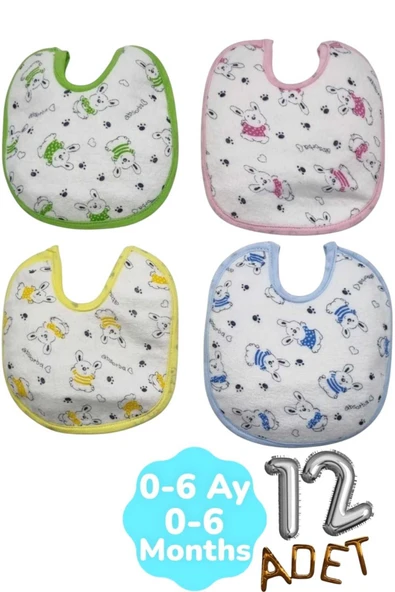 Bebek % 100 Cotton Arkası Muşambalı Su Geçirmez Renkli Mama Önlüğü 12'li Set 0-6 Ay - 5