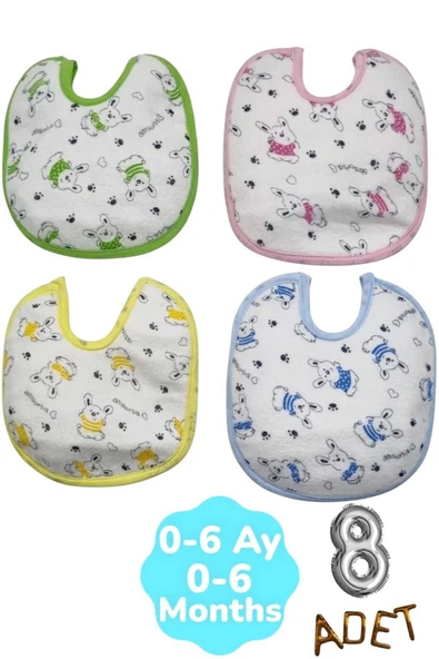 Bebek % 100 Cotton Arkası Muşambalı Su Geçirmez Renkli Mama Önlüğü 8'li Set 0-6 Ay - 8