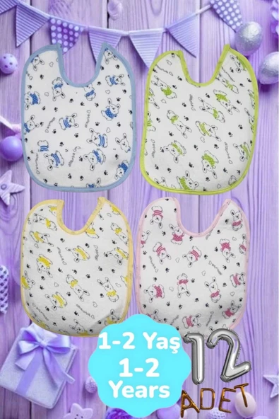 Bebek % 100 Cotton Arkası Muşambalı Su Geçirmez Renkli Mama Önlüğü 12'li Set 1-2 Yaş - 7