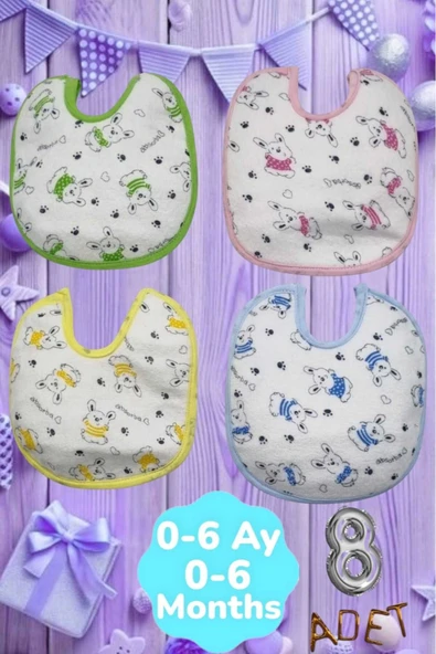 Bebek % 100 Cotton Arkası Muşambalı Su Geçirmez Renkli Mama Önlüğü 8'li Set 0-6 Ay - 7