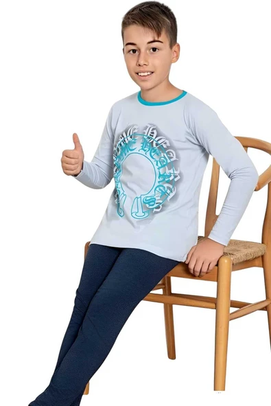 Erkek Çocuk Pamuklu Uzun Kollu Desenli Pijama Takımı - 4