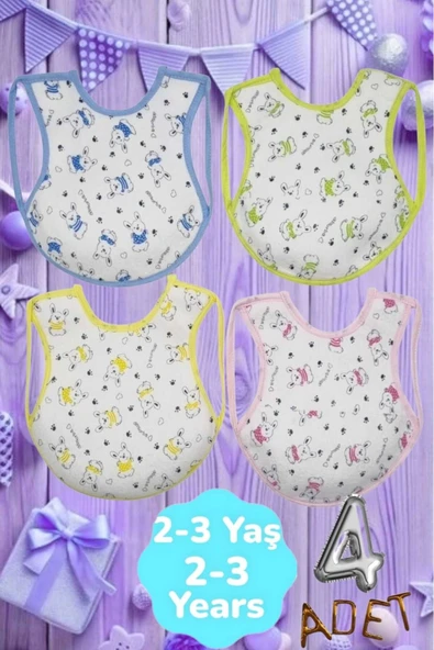 Bebek % 100 Cotton Arkası Muşambalı Su Geçirmez Renkli Mama Önlüğü 4'lü Set 2-3 Yaş - 7