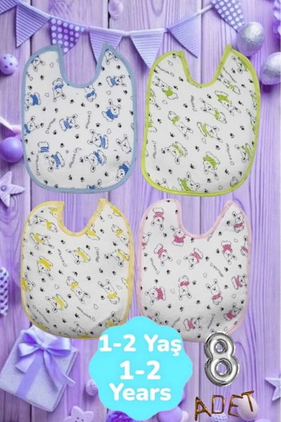 Bebek % 100 Cotton Arkası Muşambalı Su Geçirmez Renkli Mama Önlüğü 8'li Set 1-2 Yaş - 7